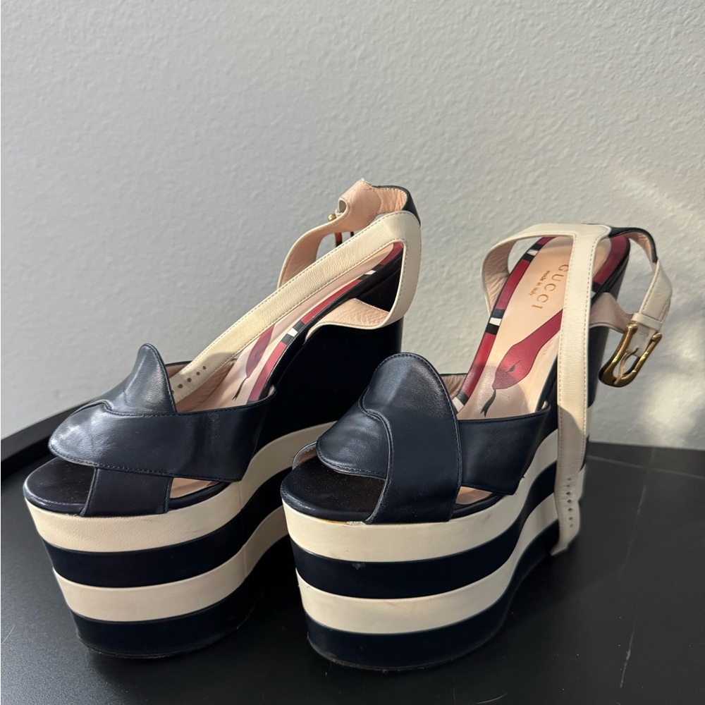 Gucci Black and Cream Striped Platform Heels